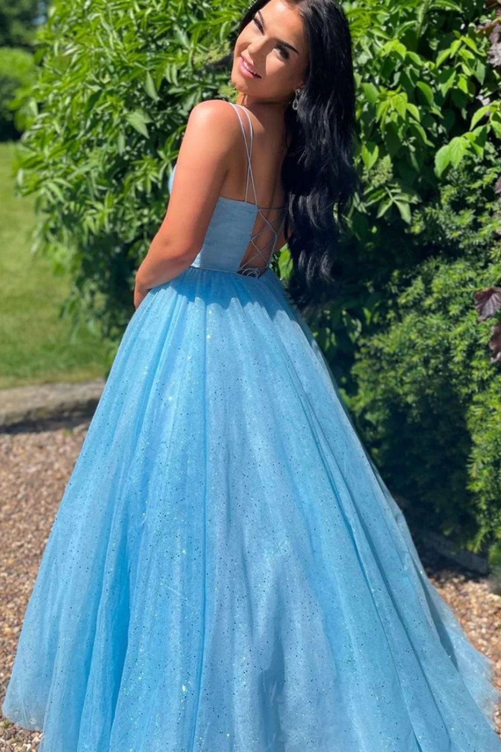 Shiny Tulle V Neck Open Back Blue Long Prom Dresses Evening Dresses DP1087