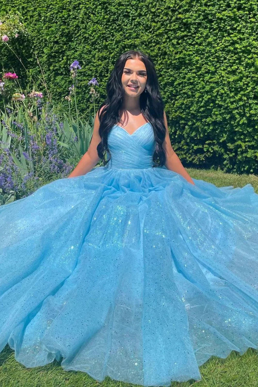Shiny Tulle V Neck Open Back Blue Long Prom Dresses Evening Dresses DP1087