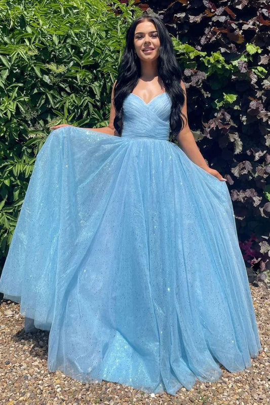 Shiny Tulle V Neck Open Back Blue Long Prom Dresses Evening Dresses DP1087