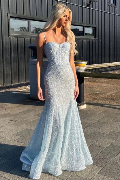 Shiny Baby Blue Mermaid Spaghetti Straps Long Beaded Prom Dress DP7766