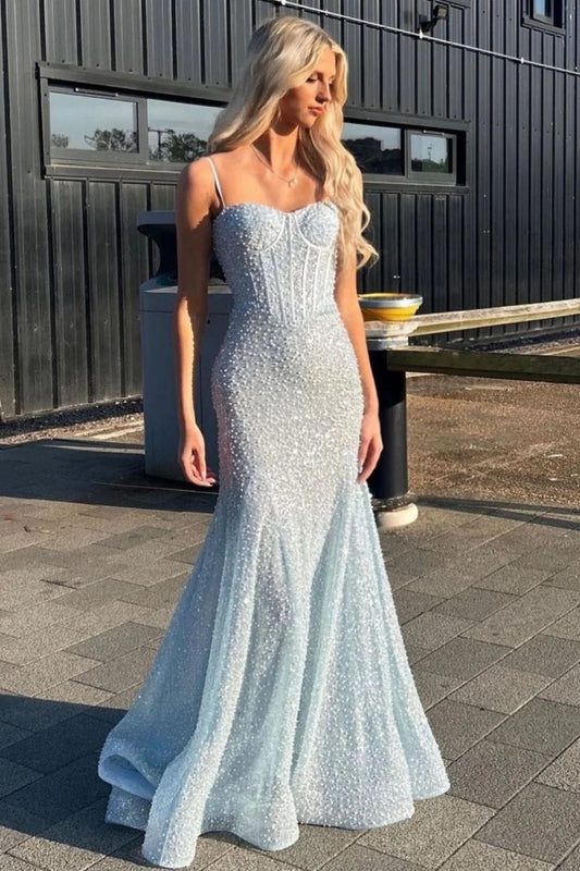 Shiny Baby Blue Mermaid Spaghetti Straps Long Beaded Prom Dress DP7766