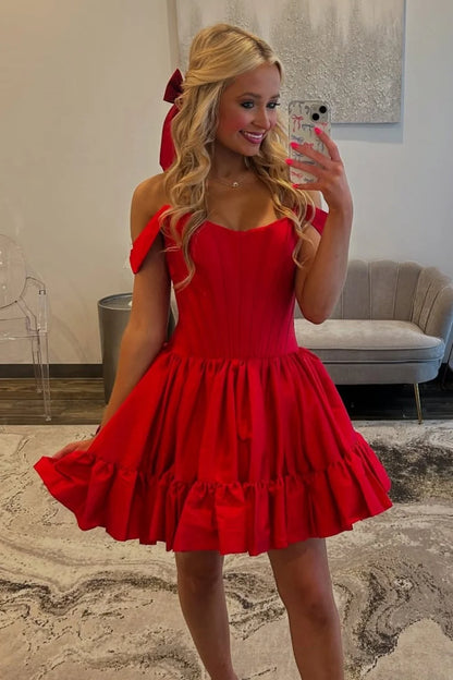 Sweety A Line Off the Shoulder Red Corset Homecoming Dress with Ruched DP7359