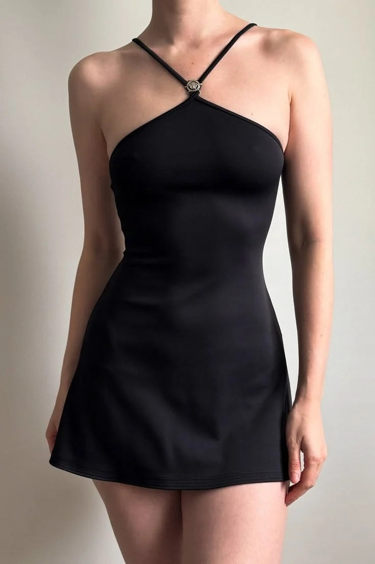 Simple A Line Halter Neck Black Short Homecoming Dress DP7284