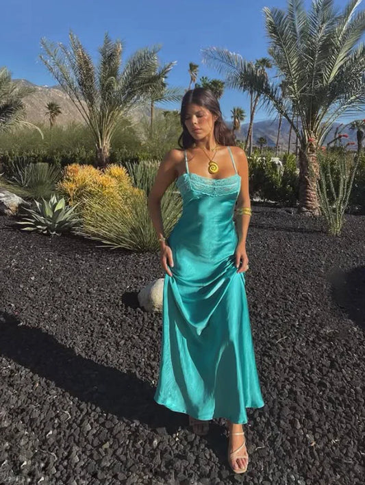 Simple Lake Blue A Line Spaghetti Strap Lace Satin Prom Dress DP5985