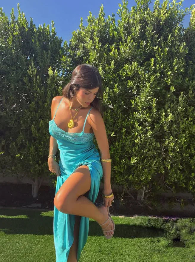 Simple Lake Blue A Line Spaghetti Strap Lace Satin Prom Dress DP5985