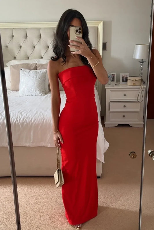 Simple Sheath Strapless Red Long Prom Dress with Slit Back DP7460