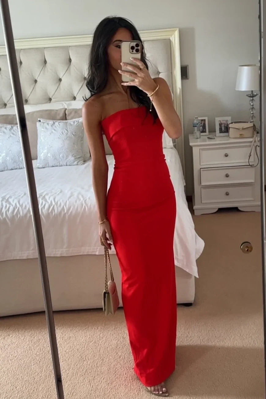 Simple Sheath Strapless Red Long Prom Dress with Slit Back DP7460