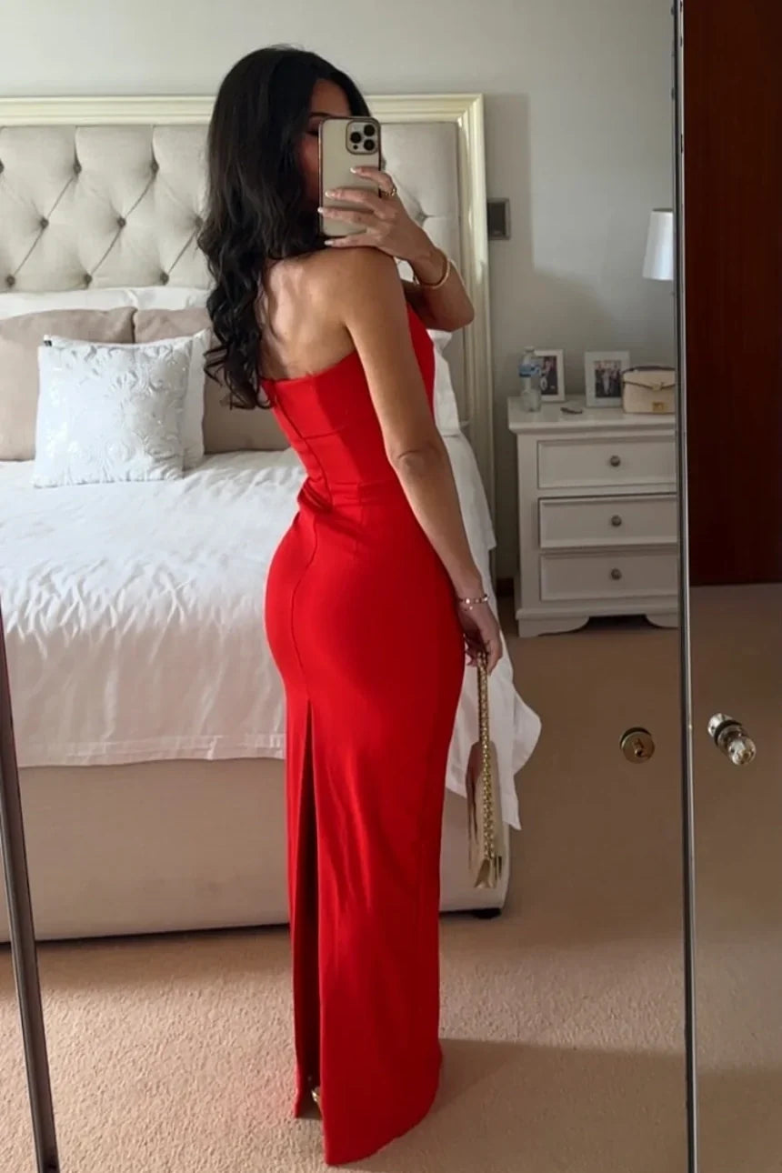 Simple Sheath Strapless Red Long Prom Dress with Slit Back DP7460