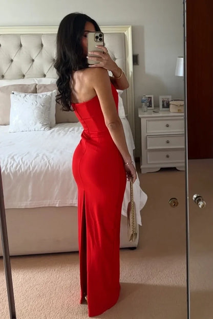 Simple Sheath Strapless Red Long Prom Dress with Slit Back DP7460