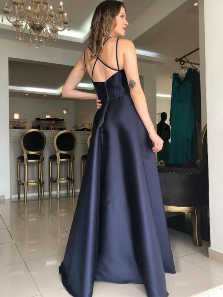 Simple A Line V Neck Open Back Satin Long Prom Dresses  DP861