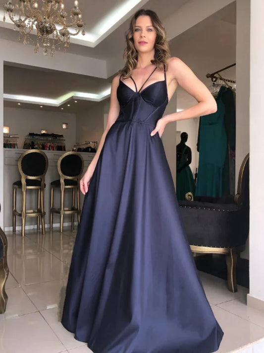 Simple A Line V Neck Open Back Satin Long Prom Dresses  DP861