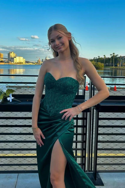 Mermaid Sweetheart Neck Appliques Satin Long Prom Dress with High Slit  DP1169