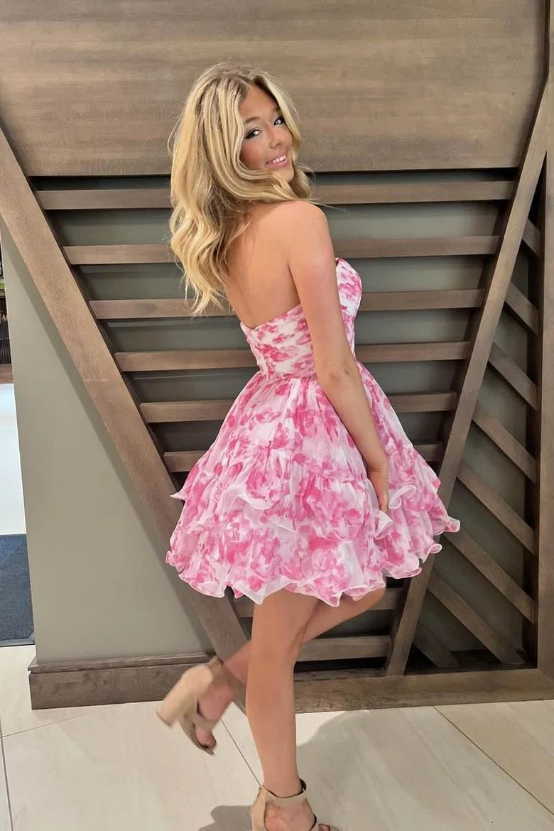 Pink Print Sweetheart Ruffle Homecoming Dress DP7272