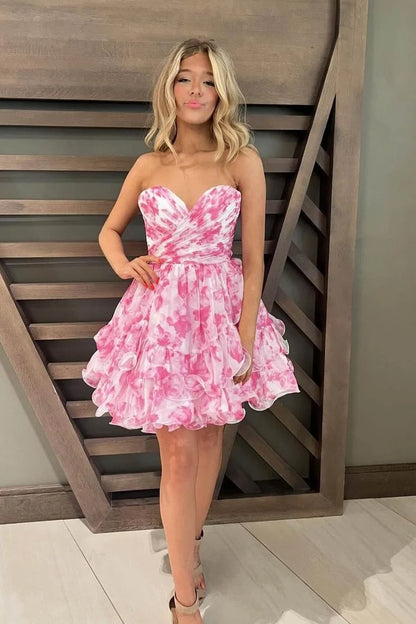 Pink Print Sweetheart Ruffle Homecoming Dress DP7272