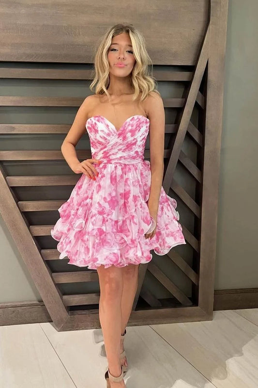 Pink Print Sweetheart Ruffle Homecoming Dress DP7272
