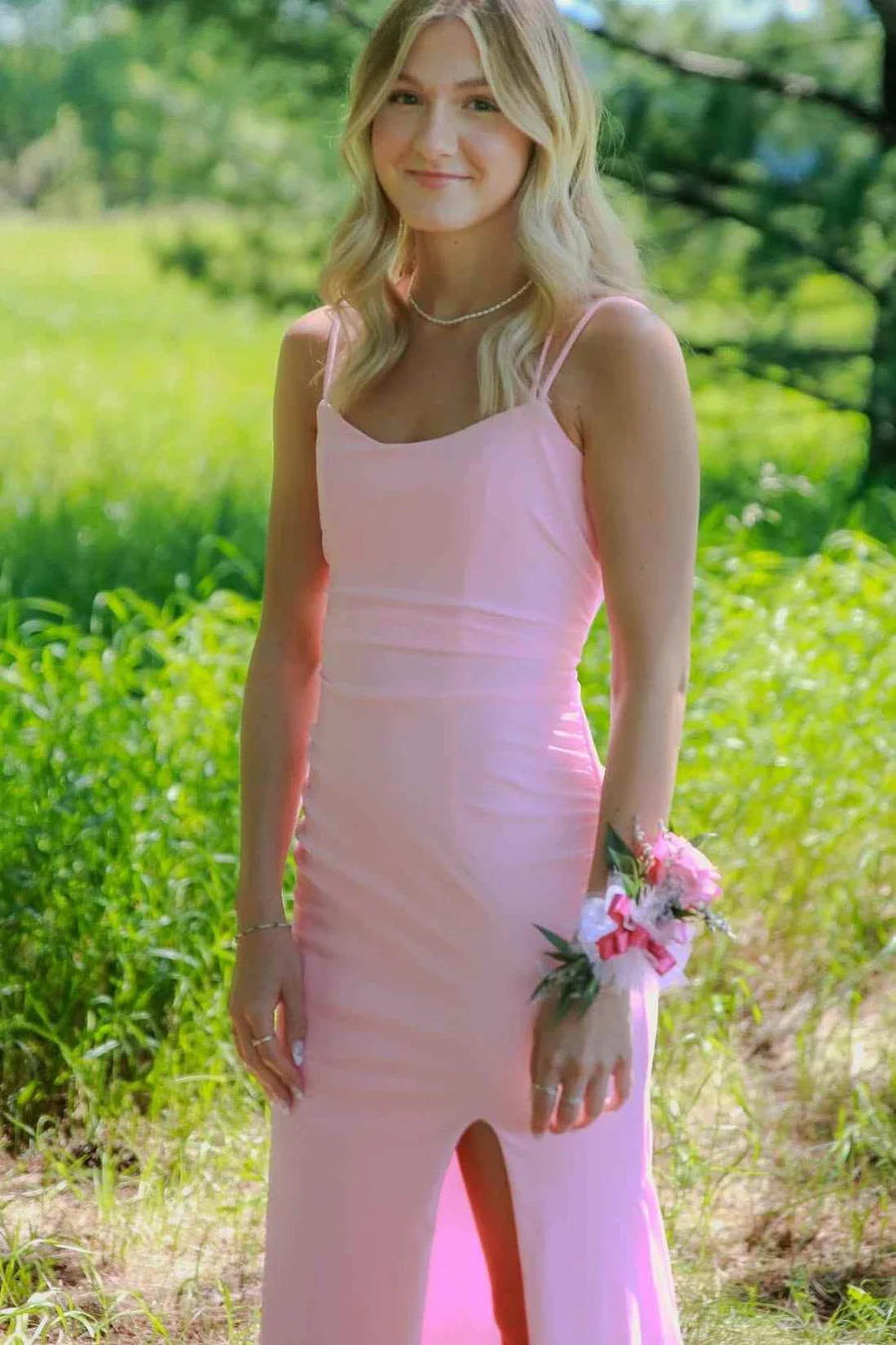 Simple Mermaid Spaghetti Straps Pink Satin Long Prom Dress with Slit DP1124