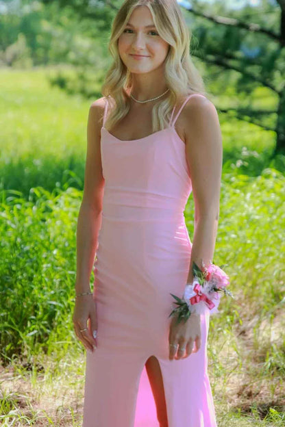 Simple Mermaid Spaghetti Straps Pink Satin Long Prom Dress with Slit DP1124
