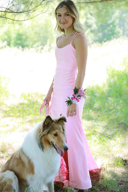 Simple Mermaid Spaghetti Straps Pink Satin Long Prom Dress with Slit DP1124