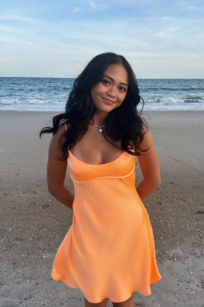 Orange A Line Spaghetti Straps Satin Backless Short Homecoming Dress Mini Dress Outfits DP5883