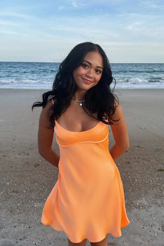 Orange A Line Spaghetti Straps Satin Backless Short Homecoming Dress Mini Dress Outfits DP5883