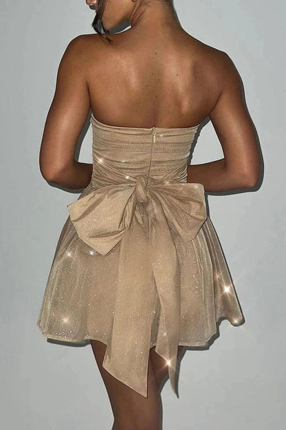 Charming A Line Strapless Champagne Sequin Tulle Short Homecoming Dress Evening Dress DP1572