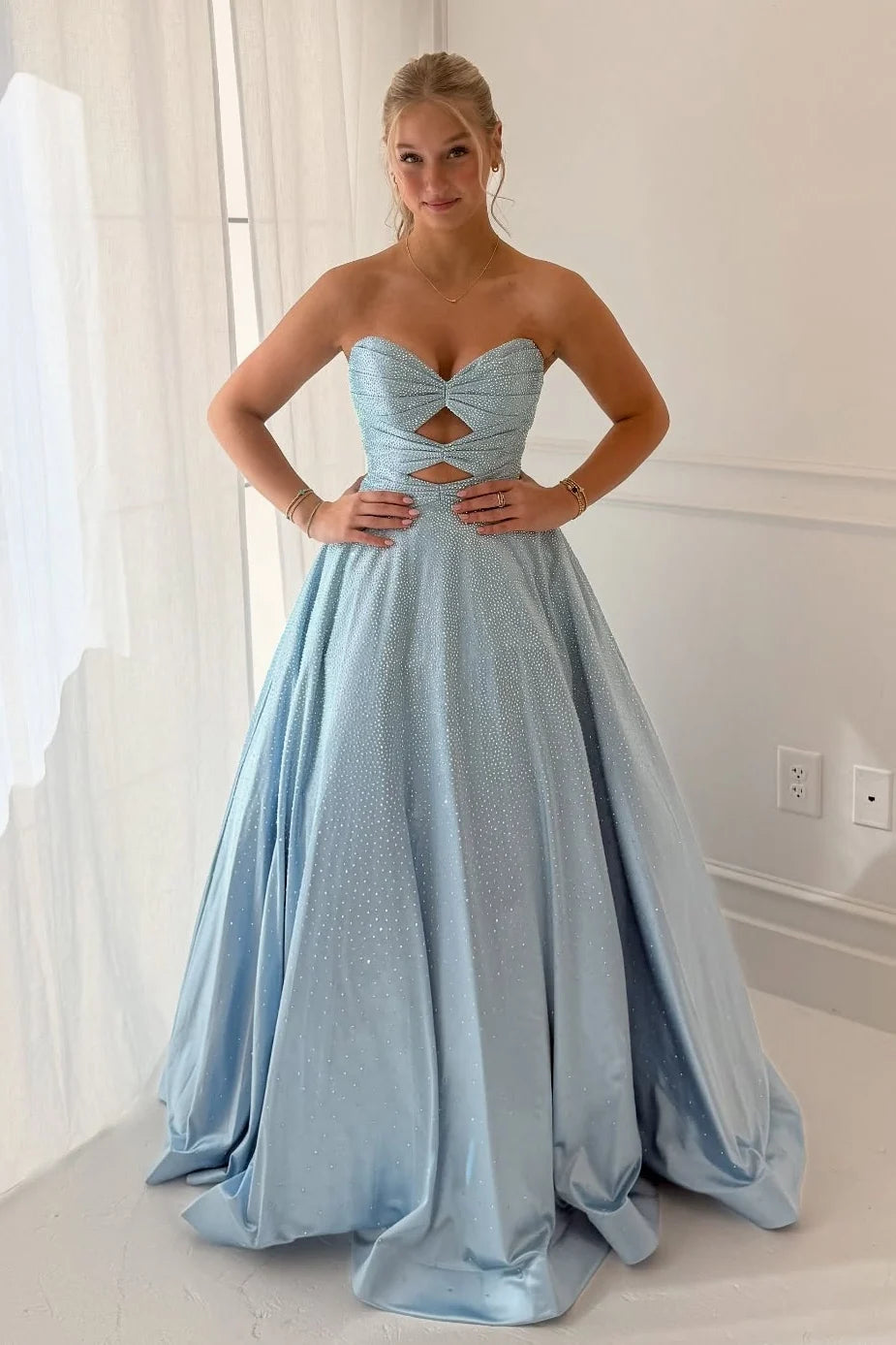 Sparkly A Line Sweetheart Light Blue Long Prom Dress with Keyhole Beading DP7491