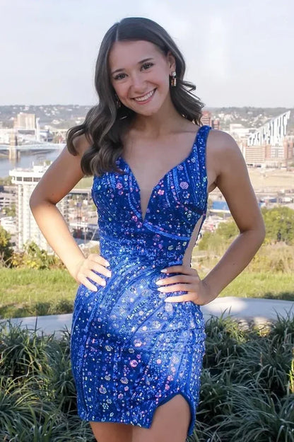 Sparkly Sheath V Neck Royal Blue Short Homecoming Dress with Sequins DP7230