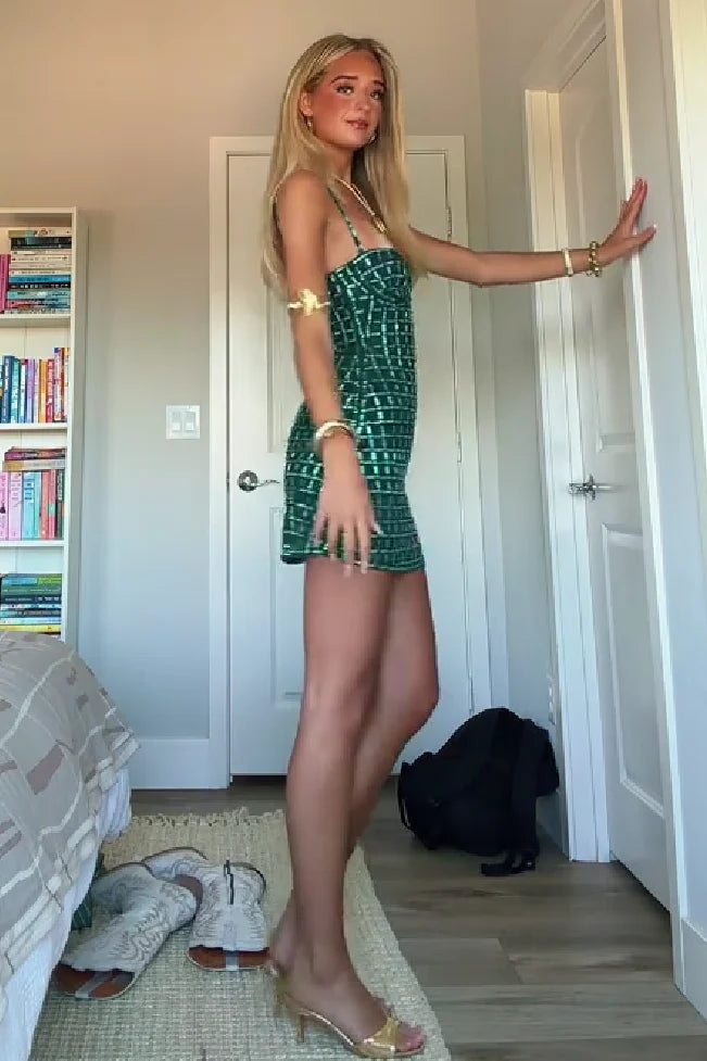 Sparkly A Line Spaghetti Straps Dark Green Short Homecoming Dress with Beading DP7276