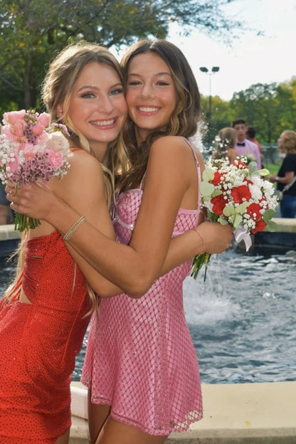 Sparkly A Line Spaghetti Straps Pink Sequins Short Homecoming Dress with Keyhole DP7064