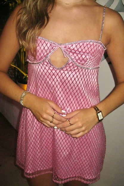 Sparkly A Line Spaghetti Straps Pink Sequins Short Homecoming Dress with Keyhole DP7064