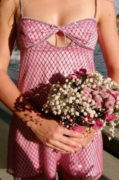 Sparkly A Line Spaghetti Straps Pink Sequins Short Homecoming Dress with Keyhole DP7064