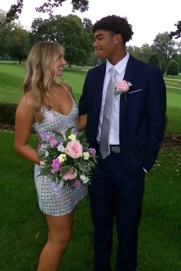 Sparkly A Line Spaghetti Straps Silver Short Homecoming Dress with Beading DP7275