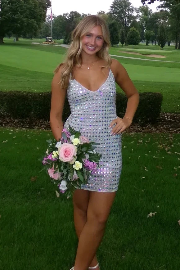 Sparkly A Line Spaghetti Straps Silver Short Homecoming Dress with Beading DP7275