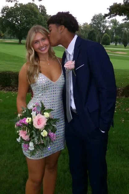 Sparkly A Line Spaghetti Straps Silver Short Homecoming Dress with Beading DP7275