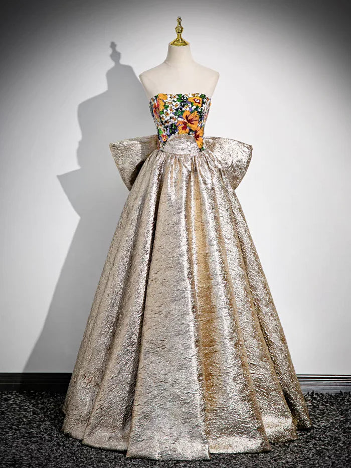 Sparkly Gold Detachable Sleeves Sequins Satin Prom Dress with Bow Ball Gown DP1150