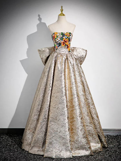 Sparkly Gold Detachable Sleeves Sequins Satin Prom Dress with Bow Ball Gown DP1150