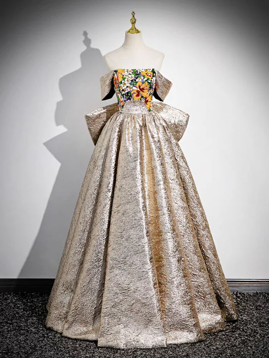 Sparkly Gold Detachable Sleeves Sequins Satin Prom Dress with Bow Ball Gown DP1150