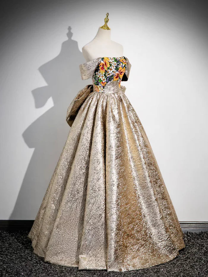 Sparkly Gold Detachable Sleeves Sequins Satin Prom Dress with Bow Ball Gown DP1150