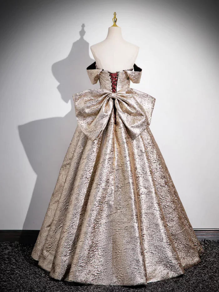 Sparkly Gold Detachable Sleeves Sequins Satin Prom Dress with Bow Ball Gown DP1150