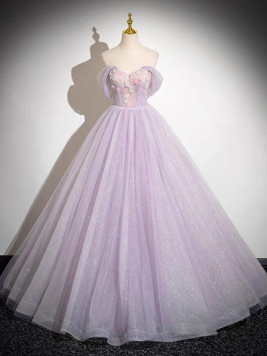 Elegant A Line Off the Shoulder Appliques Tulle Prom Dress Ball Gown DP1130