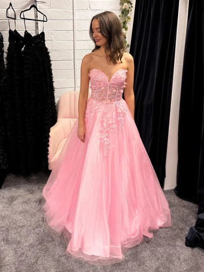 Cute Pink A Line Sweetheart Neck Floral Tulle Evening Dress Prom Dress DP7662