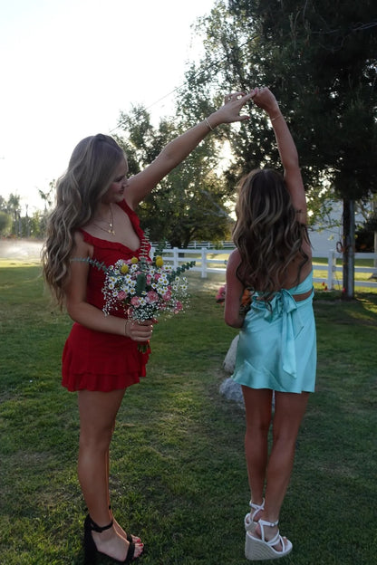 Cute Aqua A Line Sweetheart Neck Satin Short Homecoming Dress Mini Dress Outfits DP5888