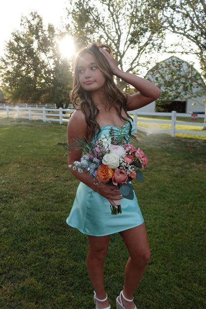 Cute Aqua A Line Sweetheart Neck Satin Short Homecoming Dress Mini Dress Outfits DP5888