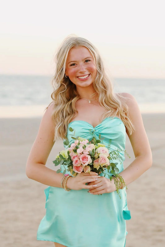 Cute Aqua A Line Sweetheart Neck Satin Short Homecoming Dress Mini Dress Outfits DP5888