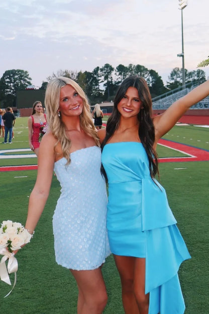 Unique A Line Strapless Blue Satin Short Homecoming Dress Mini Dress Outfits DP5893