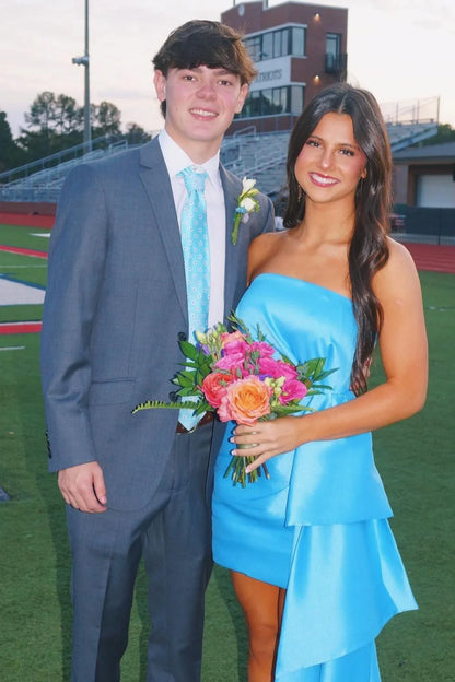 Unique A Line Strapless Blue Satin Short Homecoming Dress Mini Dress Outfits DP5893