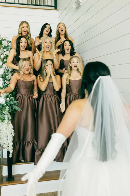Strapless Brown Ruffle Bridesmaid Dress with Slit DP5859