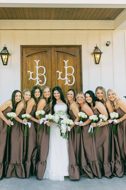 Strapless Brown Ruffle Bridesmaid Dress with Slit DP5859