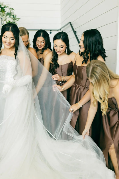 Strapless Brown Ruffle Bridesmaid Dress with Slit DP5859