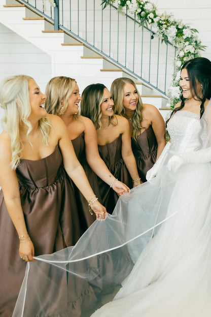 Strapless Brown Ruffle Bridesmaid Dress with Slit DP5859